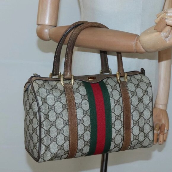 GUCCI GG Supreme Web Sherry Line Boston Bag PVC Red Green beige Auth 120065 - Picture 3 of 16